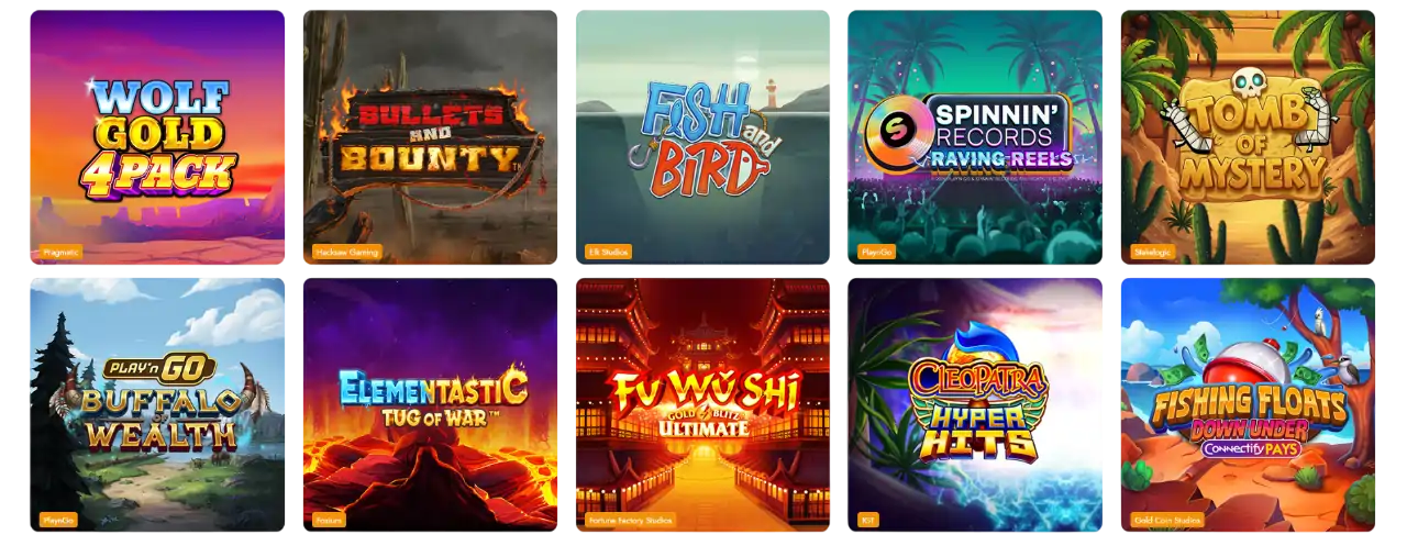 Kokoelma suosittuja kasinopelejä, kuten kolikkopelejä ja rulettia, Pay N Play -kasinoilla.